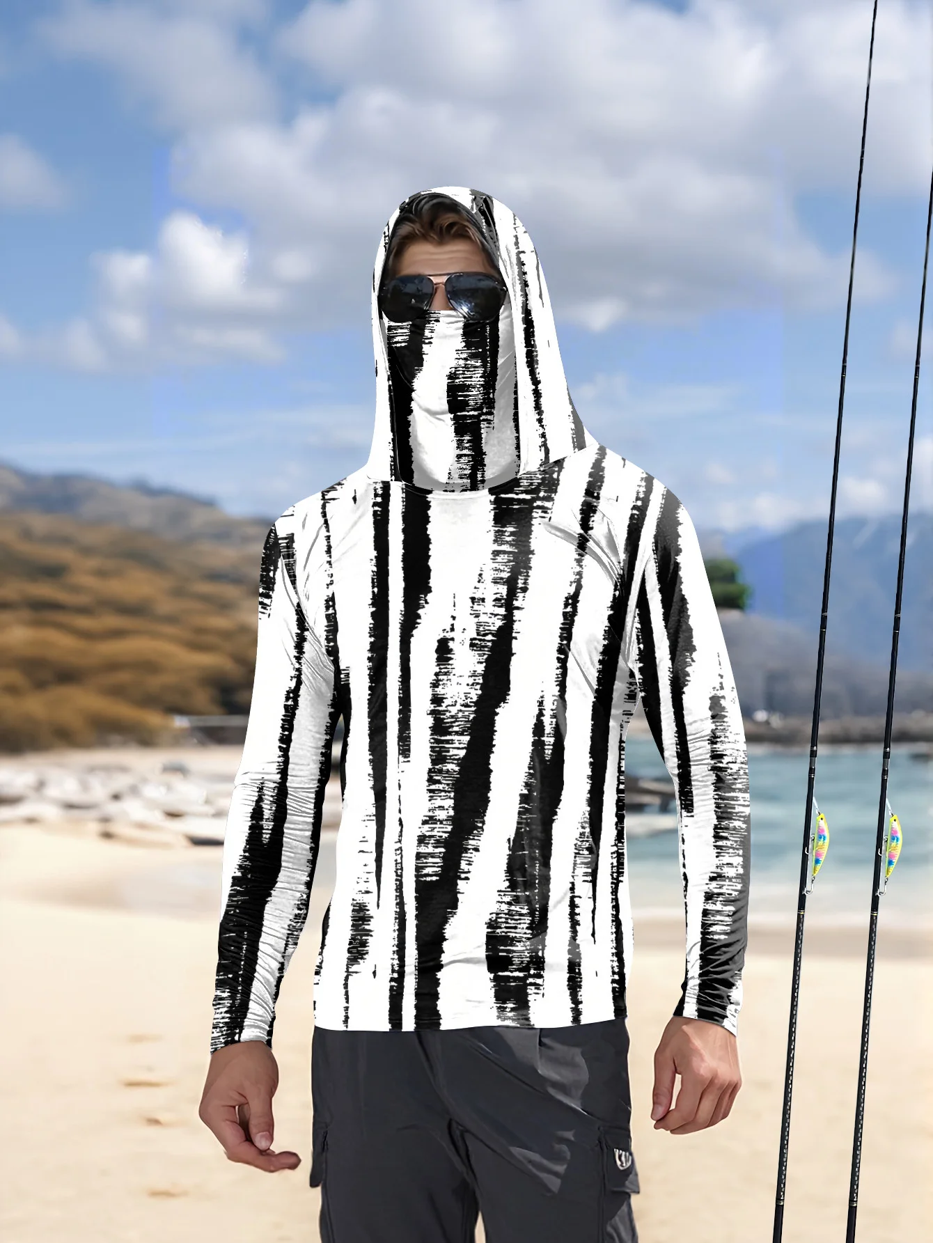 Men Black‑White Stripe Fishing - Fishing Hoodie review and price